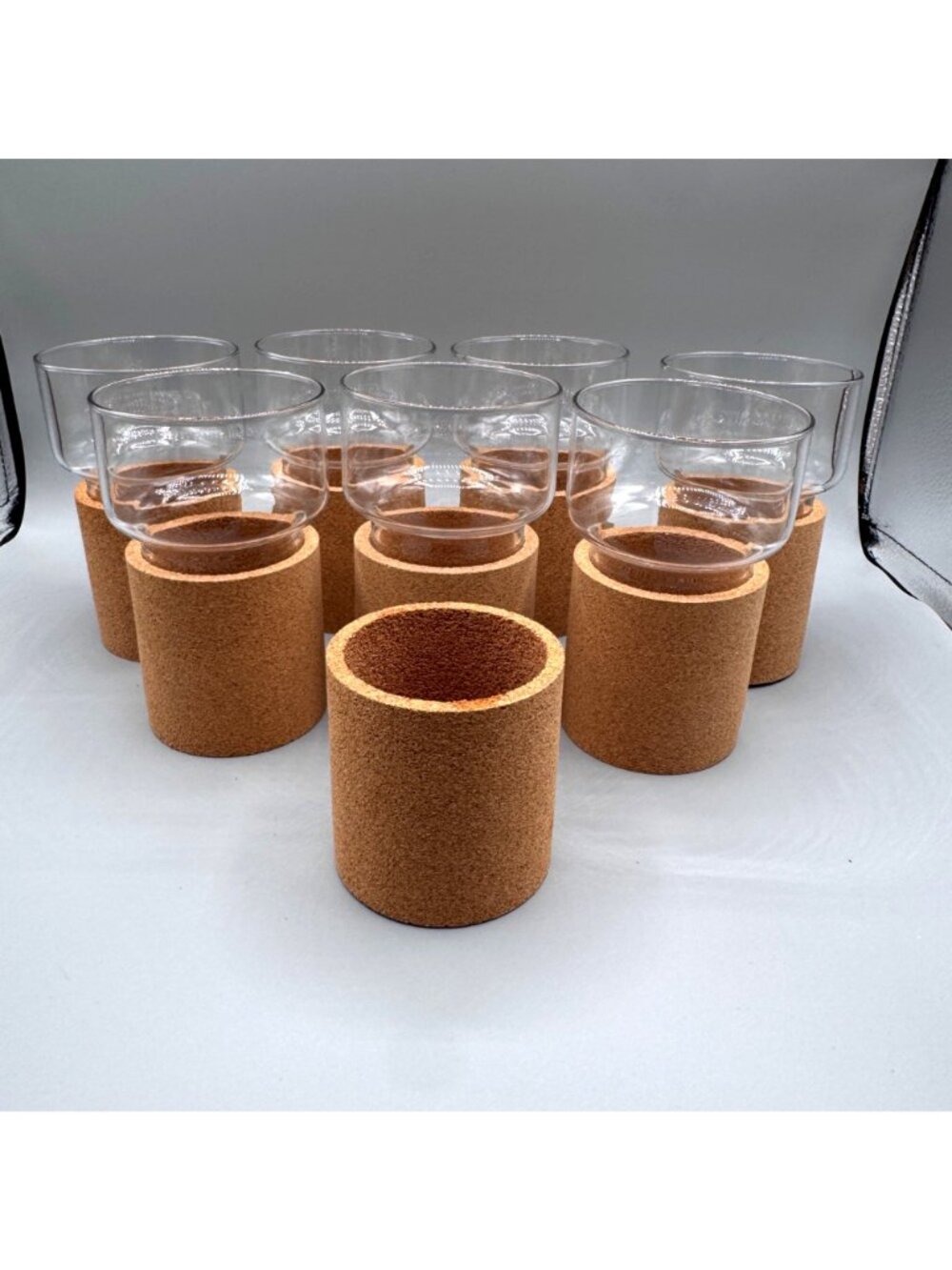 Vintage IKEA Tumbler Glass Cork Base Sleeve 10oz Stackable Set of 7 Portugal - Picture 4 of 16